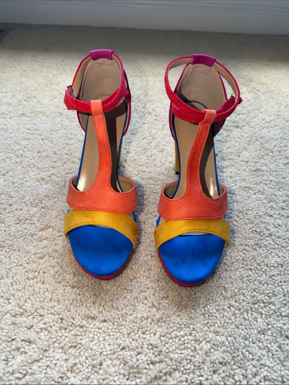 Colorblock Suede T-Strap High Heel Sandals in Blue, Orange & Yellow